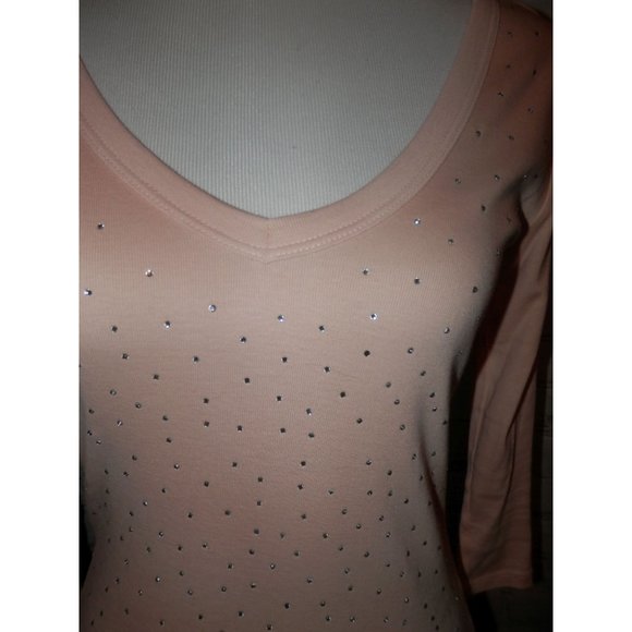 Knit Top Small Solid Light Pink Vneck Rhinestones - Picture 2 of 4